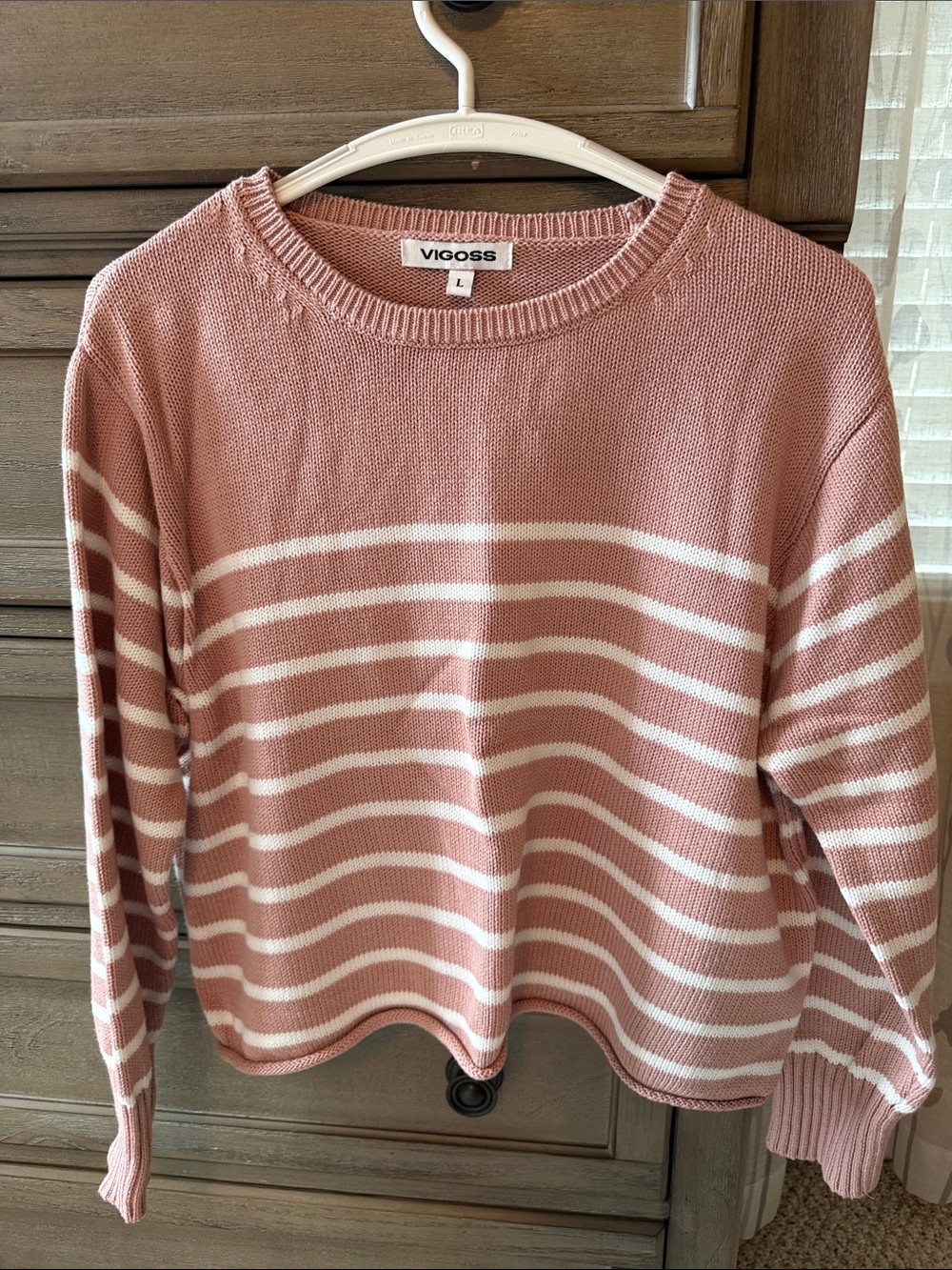 Vigoss Rose and White Striped Crewneck Sweater